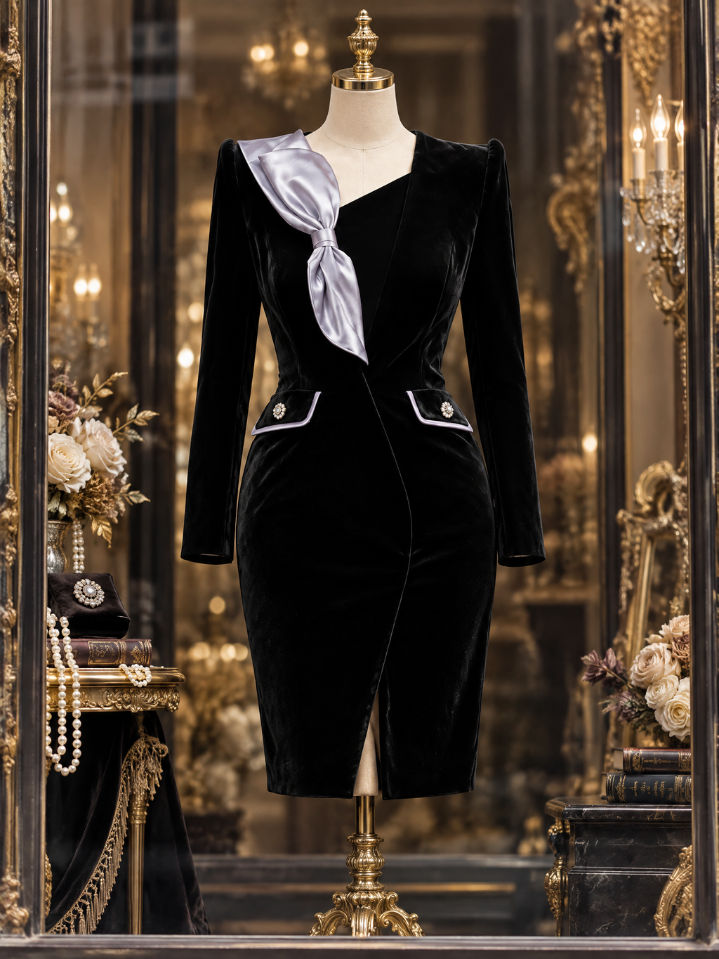 Vintage Bow Collar Velvet Slim Fit Midi Dress