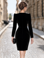 Vintage Bow Collar Velvet Slim Fit Midi Dress