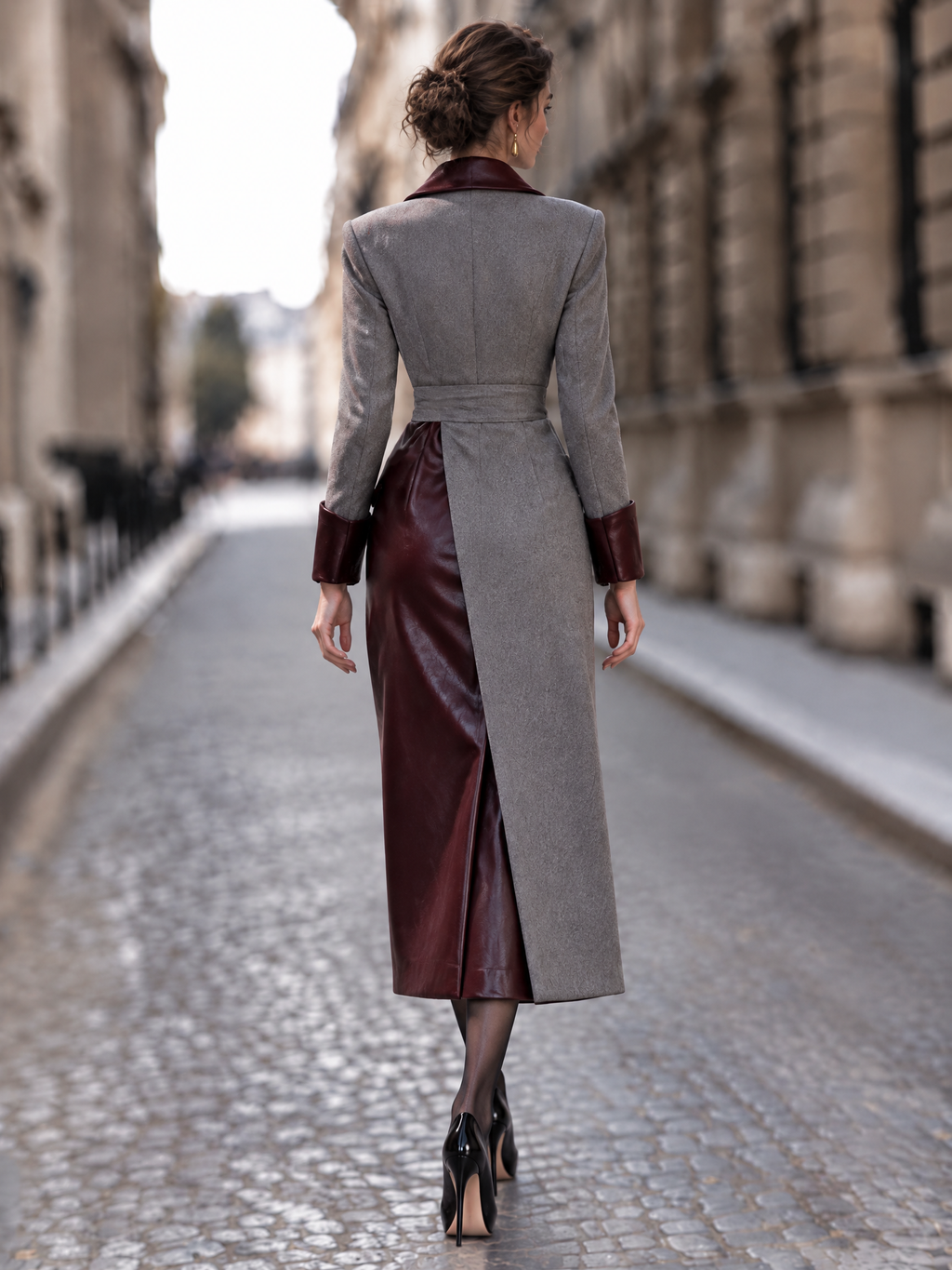 Vintage Asymmetrical PU Splicing Woolen Midi Dress