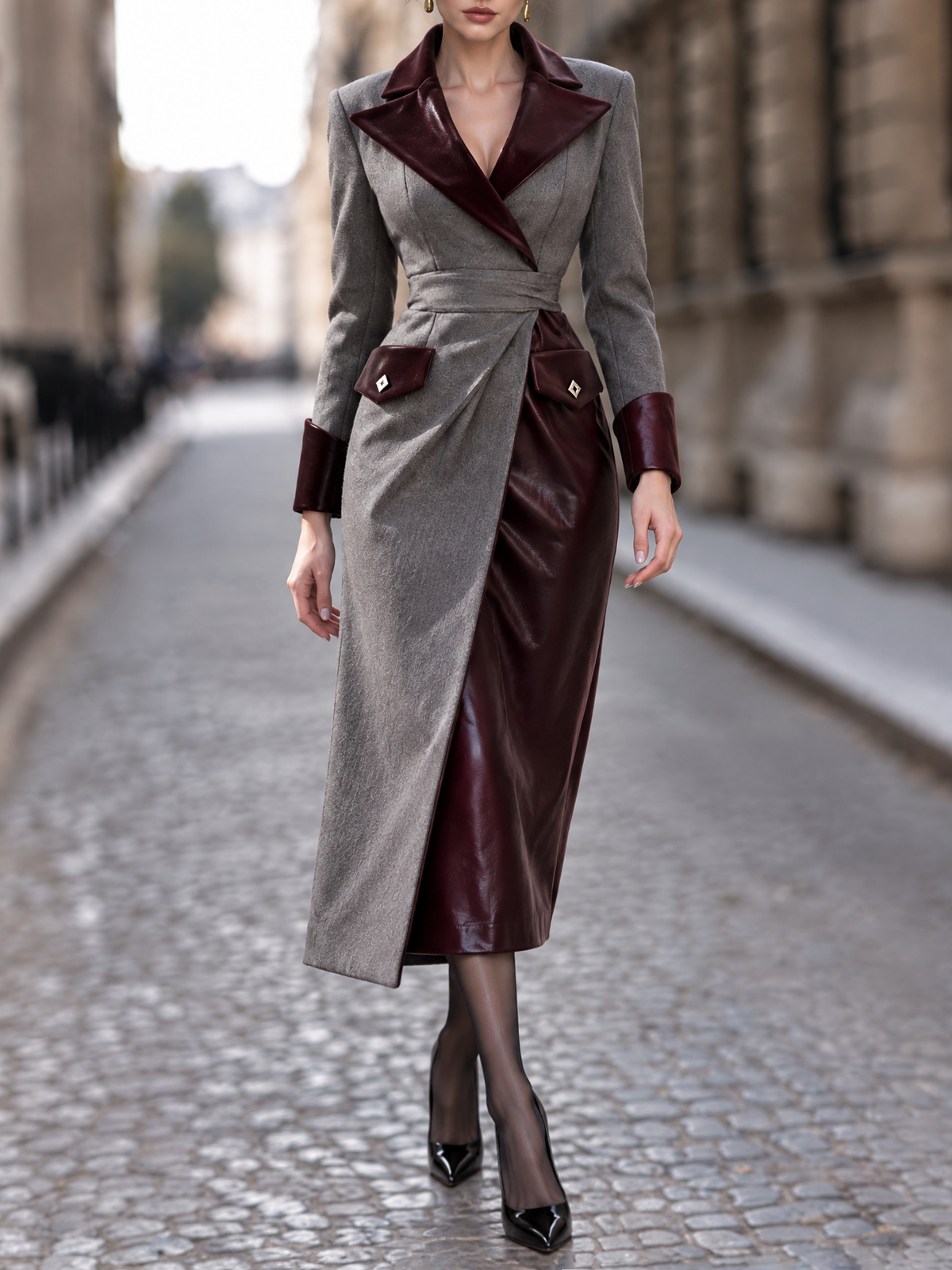 Vintage Asymmetrical PU Splicing Woolen Midi Dress