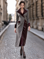 Vintage Asymmetrical PU Splicing Woolen Midi Dress