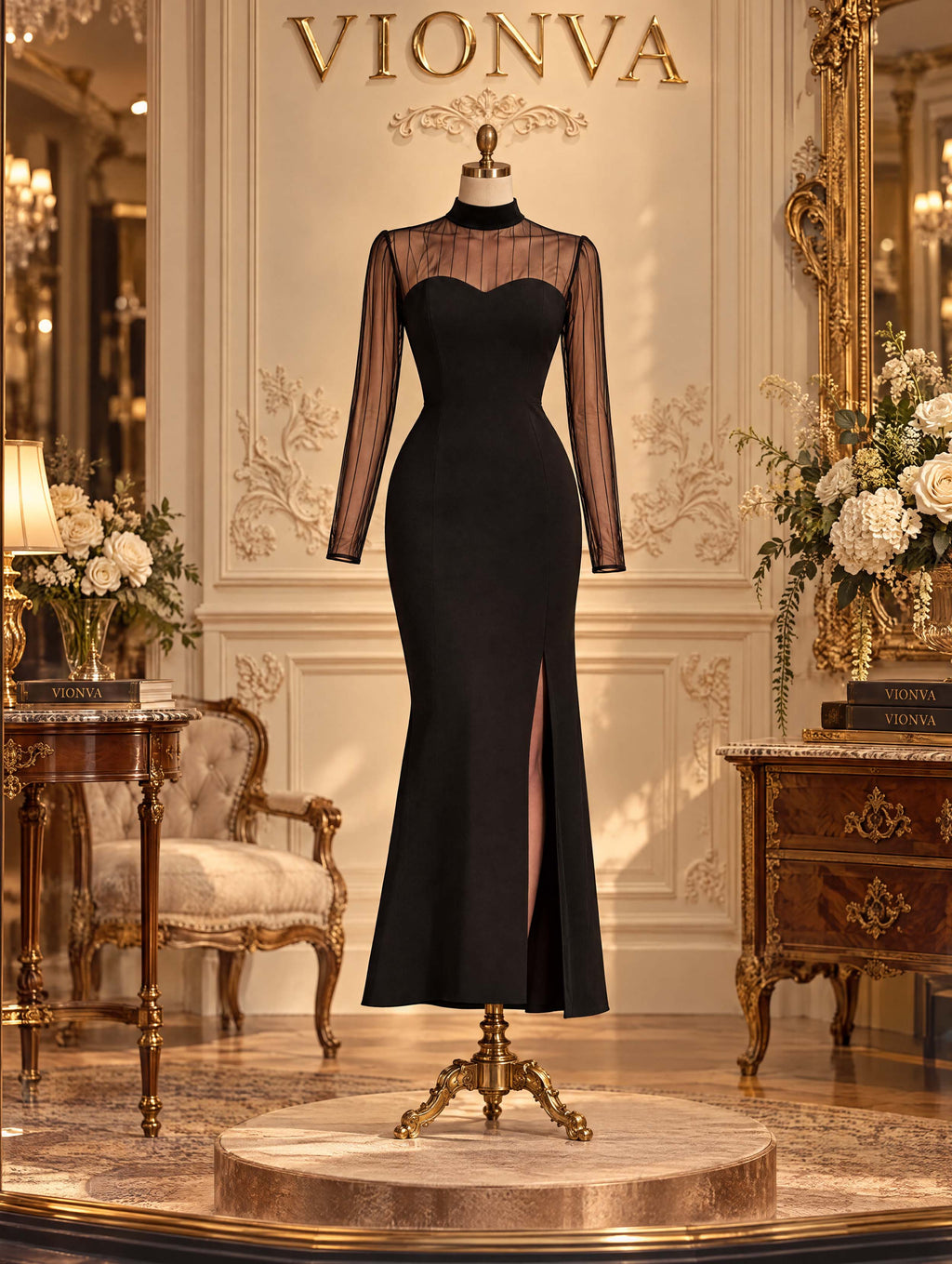 Vintage Sheer Sleeve Sweetheart Midi Dress