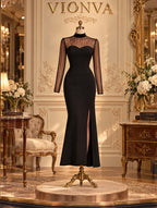 Vintage Sheer Sleeve Sweetheart Midi Dress