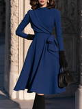 Navy Blue Wrap Front Long Sleeve Midi Dress