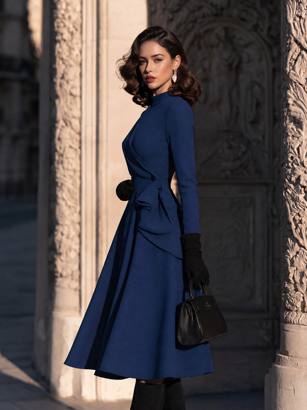 Navy Blue Wrap Front Long Sleeve Midi Dress