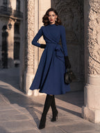 Navy Blue Wrap Front Long Sleeve Midi Dress