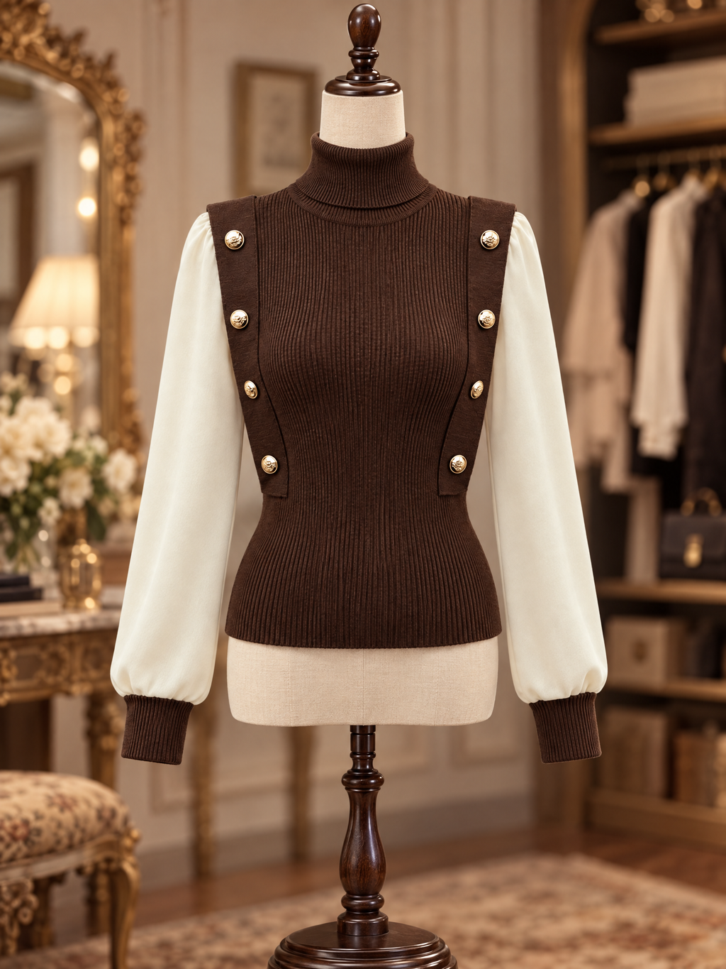 Vintage Turtleneck Contrast Puff Sleeve Gold Button Knit Top