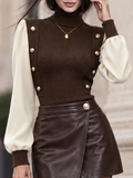 Vintage Turtleneck Contrast Puff Sleeve Gold Button Knit Top