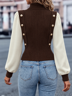 Vintage Turtleneck Contrast Puff Sleeve Gold Button Knit Top