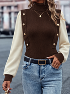 Vintage Turtleneck Contrast Puff Sleeve Gold Button Knit Top