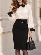 Vintage Contrast Bow Lantern Sleeve Straight Midi Dress