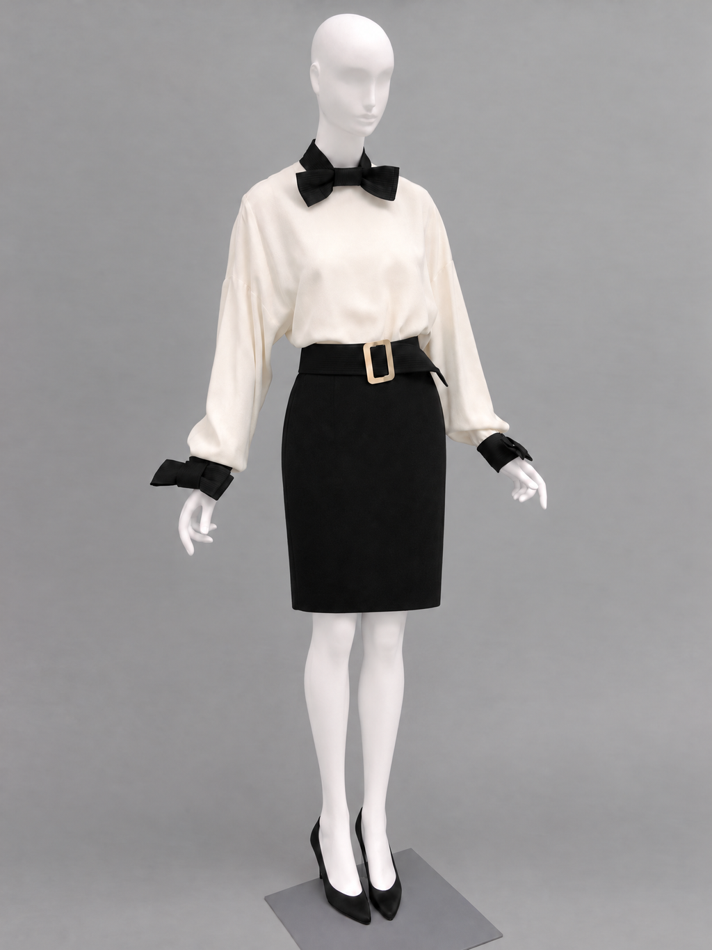 Vintage Contrast Bow Lantern Sleeve Straight Midi Dress