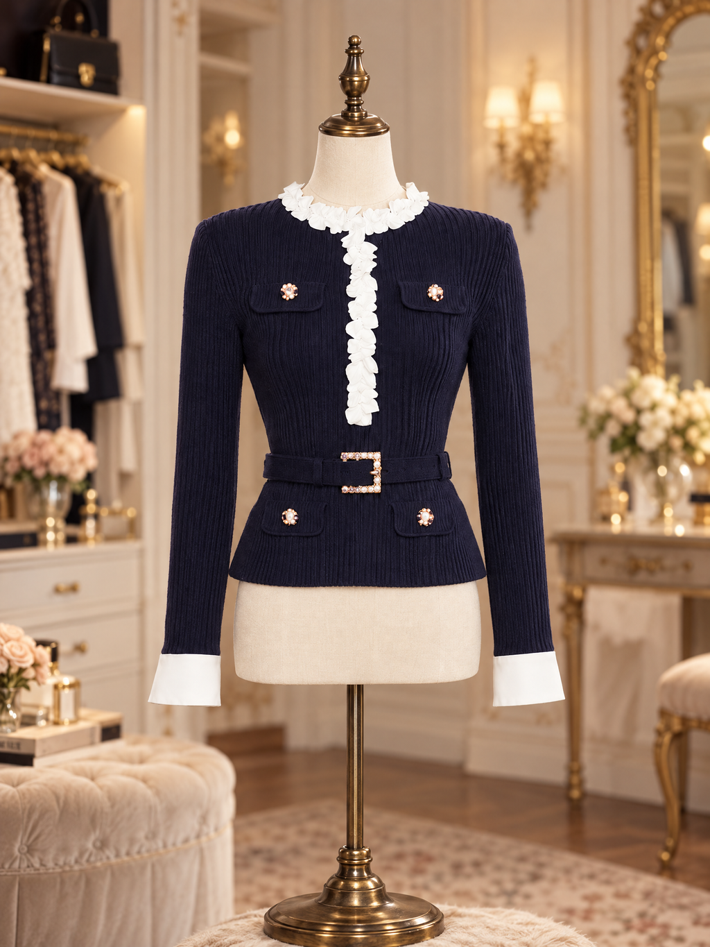 Vintage 3D Floral Trim Contrast Cuff Waist Belted Knit Top