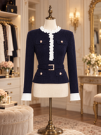 Vintage 3D Floral Trim Contrast Cuff Waist Belted Knit Top
