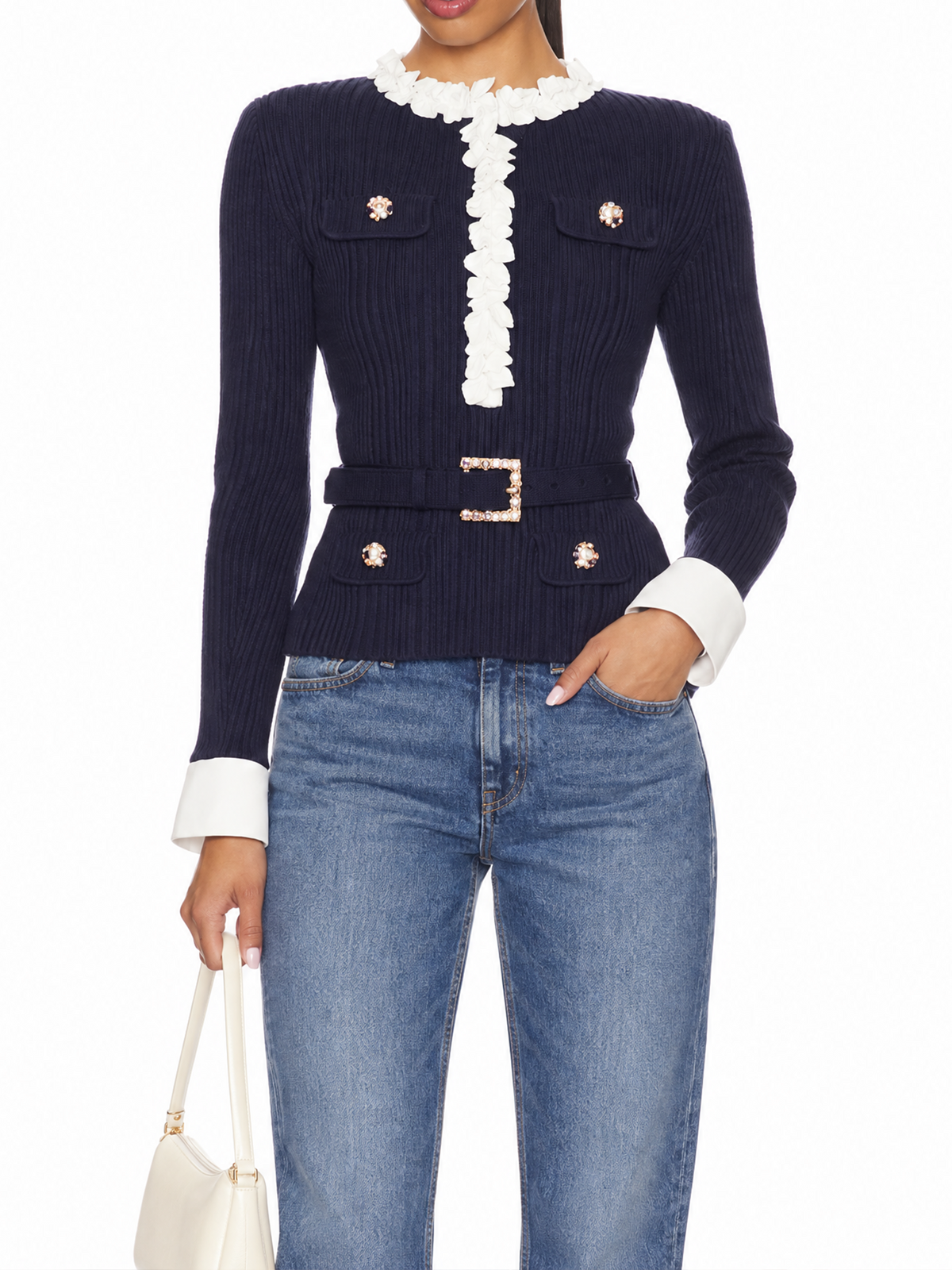 Vintage 3D Floral Trim Contrast Cuff Waist Belted Knit Top