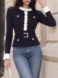 Vintage 3D Floral Trim Contrast Cuff Waist Belted Knit Top