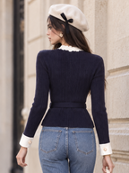 Vintage 3D Floral Trim Contrast Cuff Waist Belted Knit Top