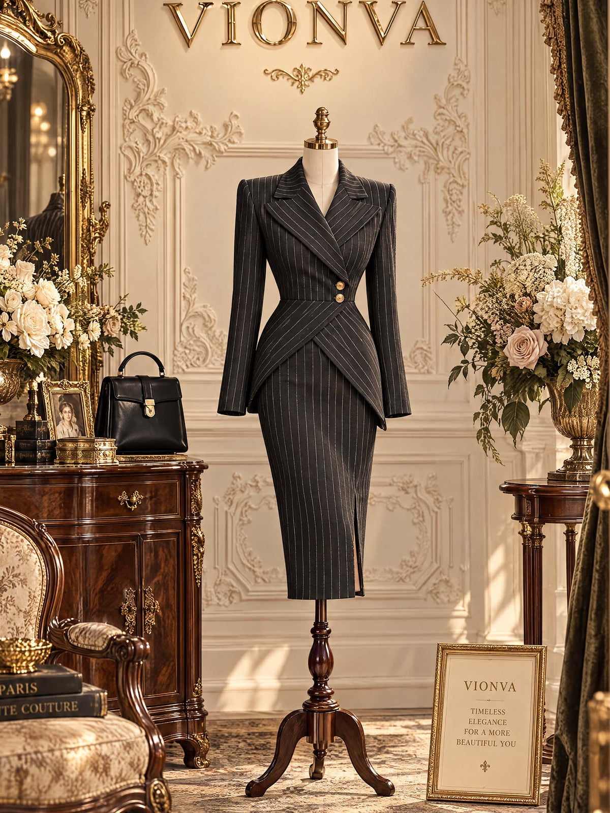 Vintage Pinstripe Midi Pencil Skirt