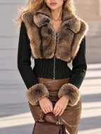 Vintage Faux Fur Trim Knit Zip Jacket