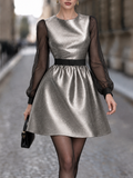Vintage Silver PU Spliced Organza Mini Evening Dress