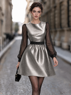 Vintage Silver PU Spliced Organza Mini Evening Dress