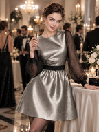 Vintage Silver PU Spliced Organza Mini Evening Dress