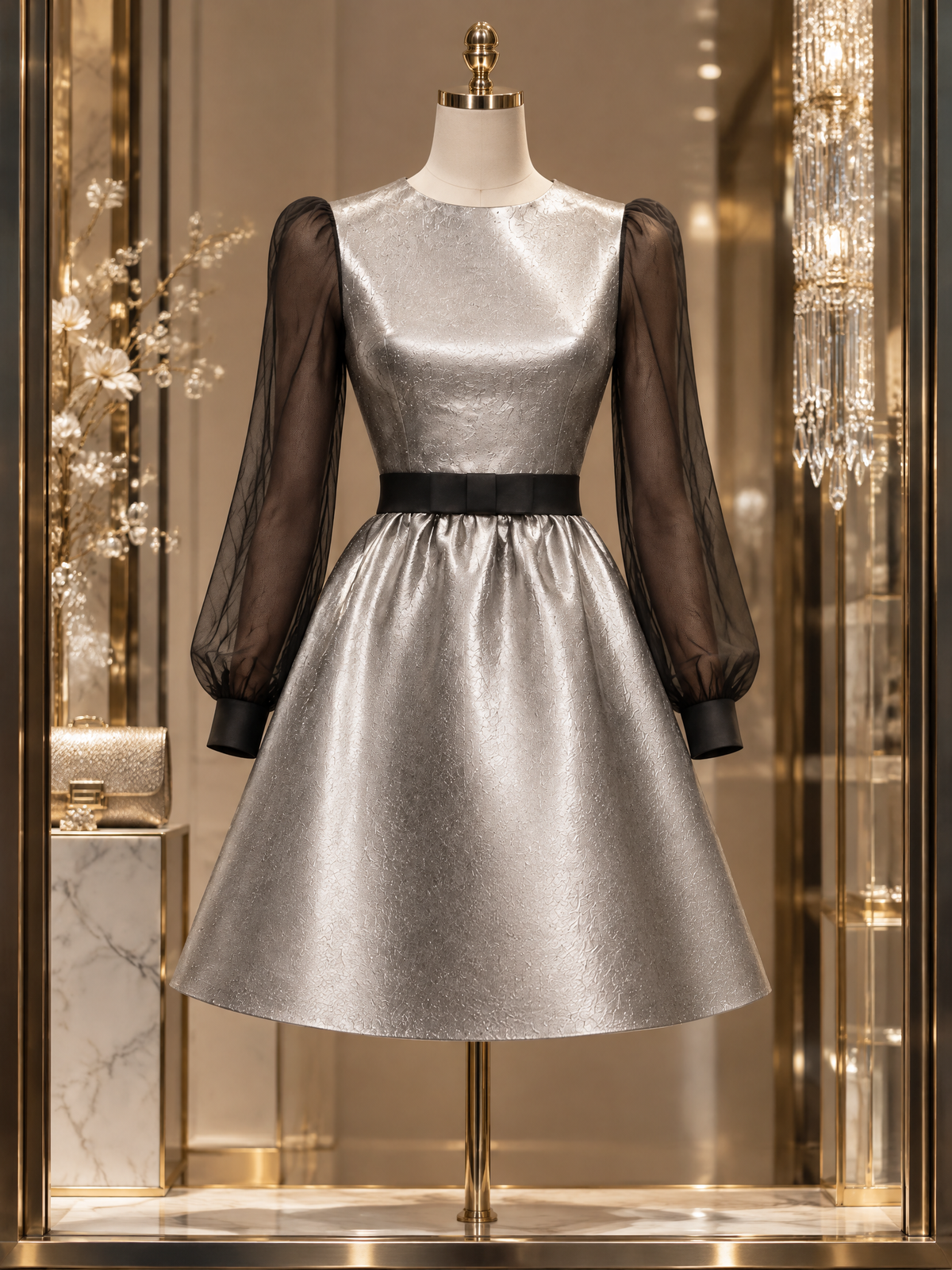Vintage Silver PU Spliced Organza Mini Evening Dress