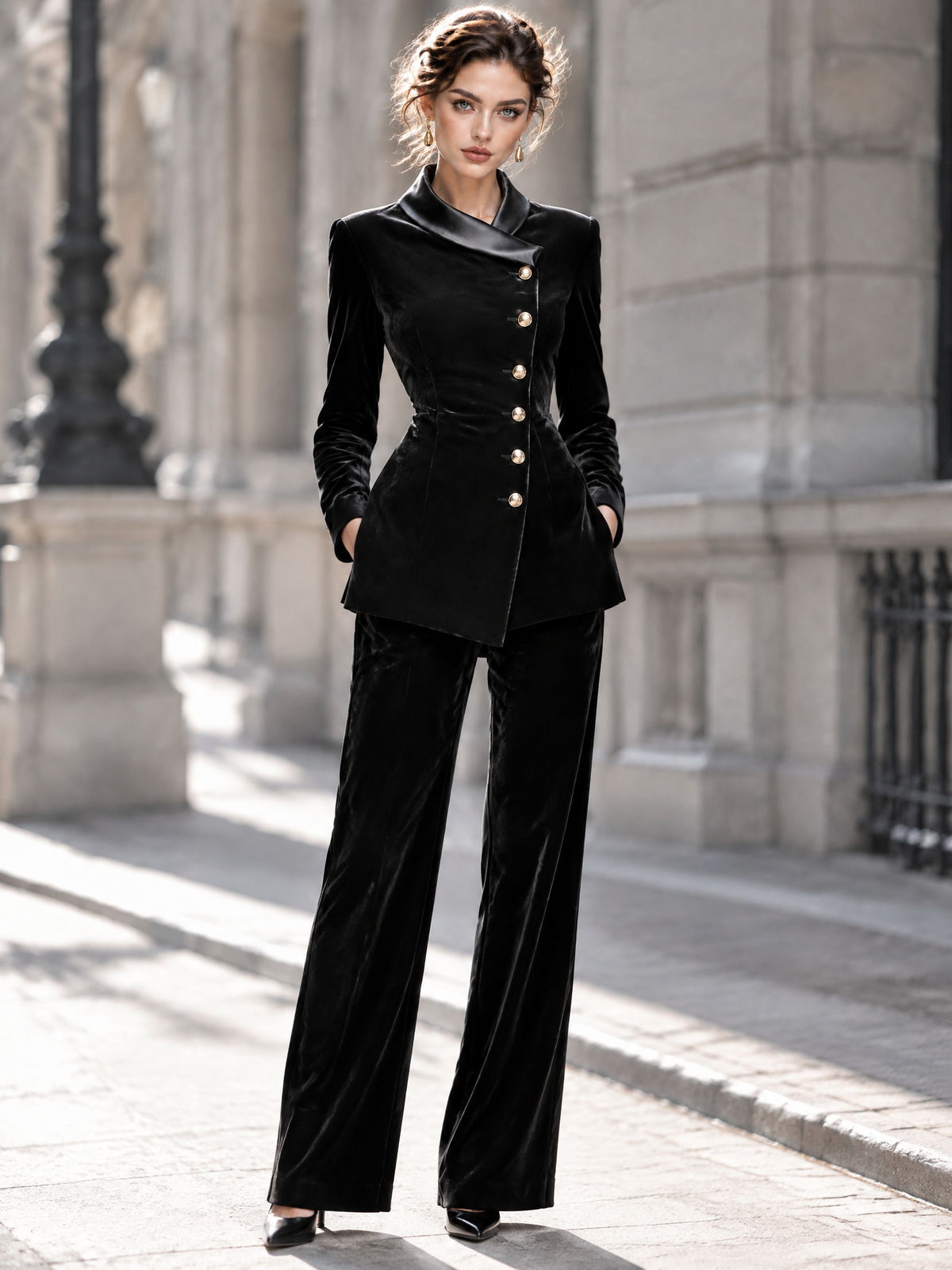 Vintage Velvet Offset Placket Blazer & Pants Two Piece Set