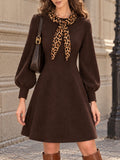 Vintage Brown Leopard Bow Collar Puff Sleeve Dress