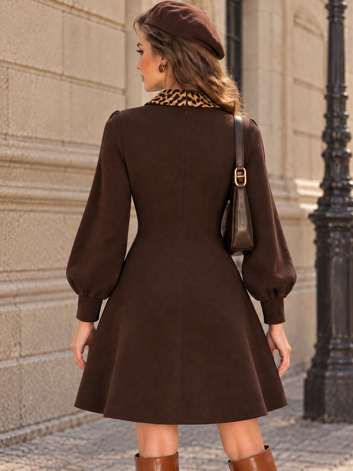 Vintage Brown Leopard Bow Collar Puff Sleeve Dress
