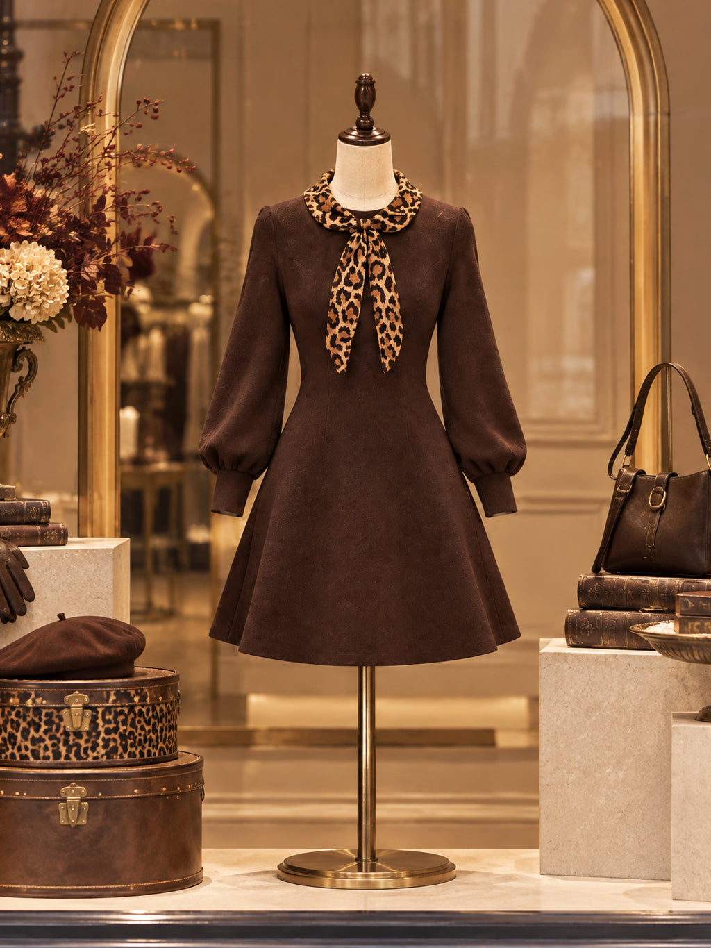 Vintage Brown Leopard Bow Collar Puff Sleeve Dress