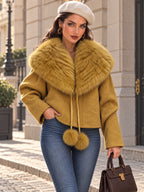 Vintage Mustard Faux Fur Shawl Collar Cropped Jacket