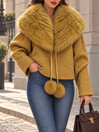 Vintage Mustard Faux Fur Shawl Collar Cropped Jacket