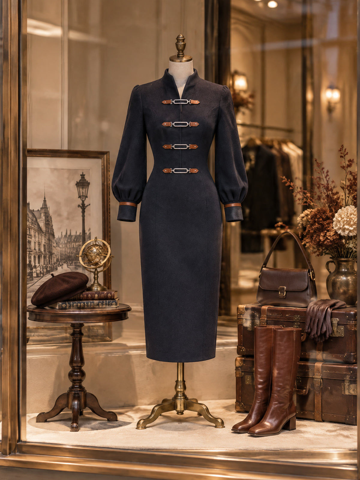 Vintage Navy Wool Blend Buckle Sheath Midi Dress