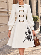 Vintage White Floral Embroidered Frog Button A Line Dress