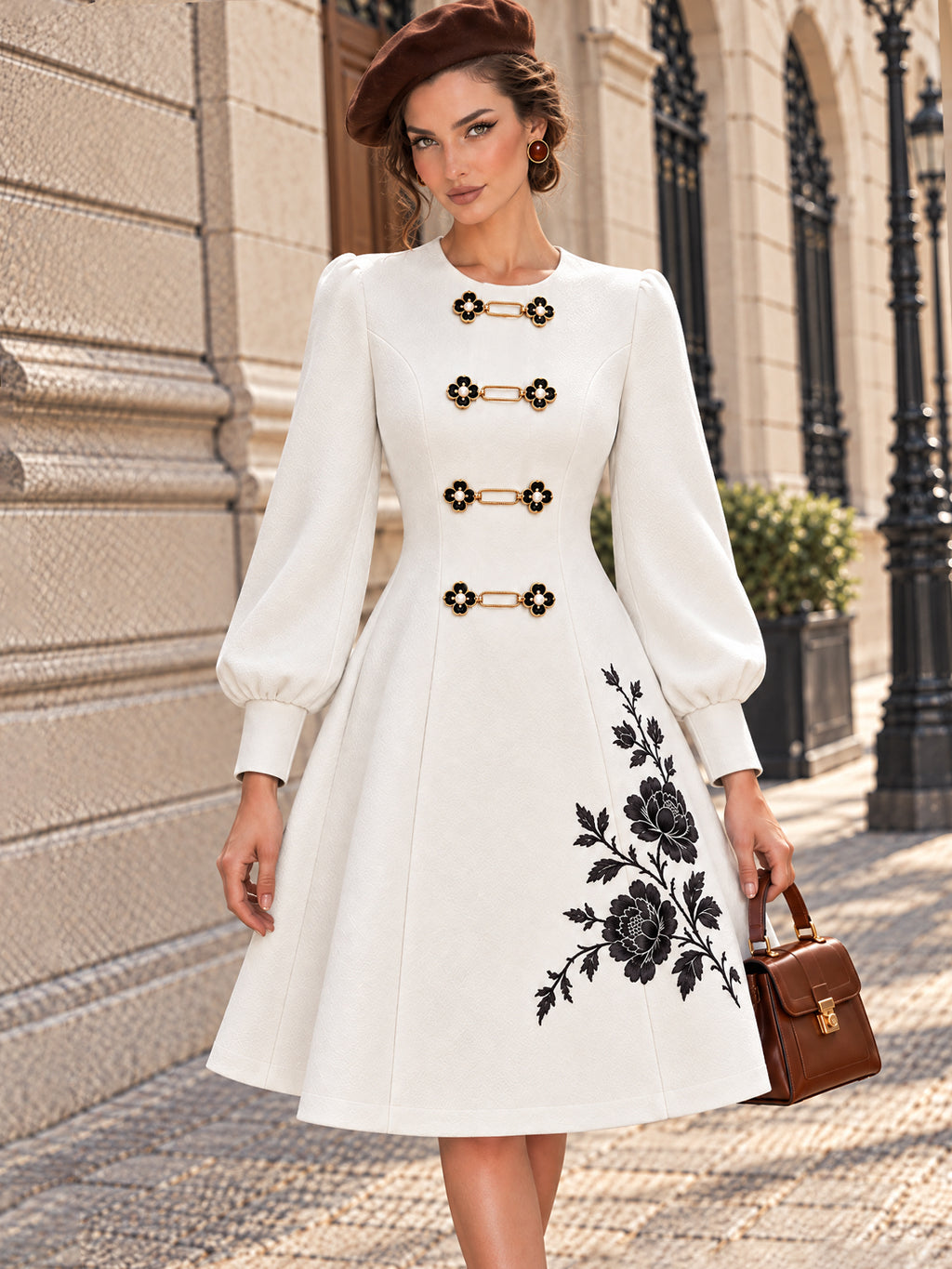 Vintage White Floral Embroidered Frog Button A Line Dress