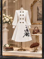 Vintage White Floral Embroidered Frog Button A Line Dress