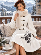 Vintage White Floral Embroidered Frog Button A Line Dress