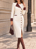 Vintage Cream Burgundy Lapel Button Front Midi Dress