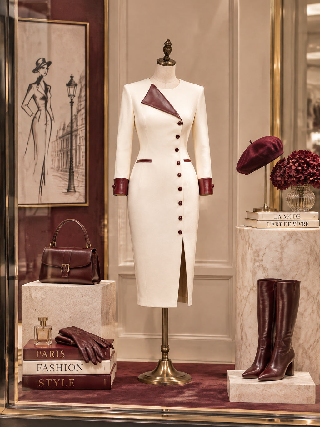 Vintage Cream Burgundy Lapel Button Front Midi Dress
