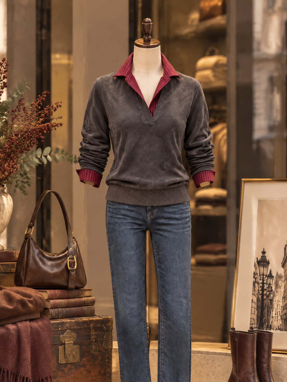 Vintage Grey Faux Suede Burgundy Pinstripe Collar Top