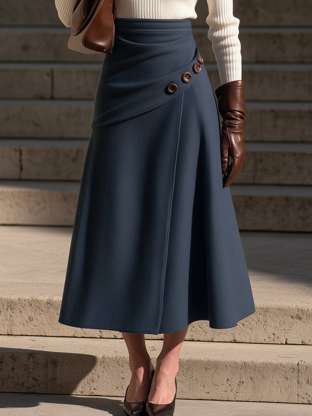 Navy Asymmetric Button-Front Panel Blue A-Line Midi Skirt