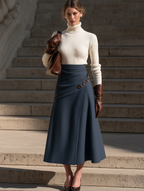 Navy Asymmetric Button-Front Panel Blue A-Line Midi Skirt