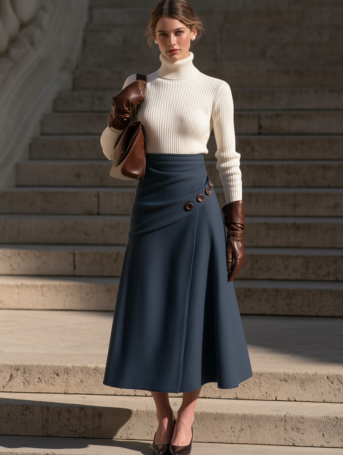 Navy Asymmetric Button-Front Panel Blue A-Line Midi Skirt