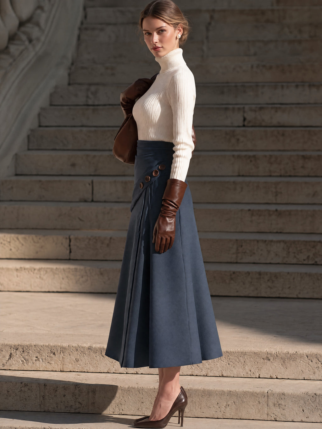 Navy Asymmetric Button-Front Panel Blue A-Line Midi Skirt