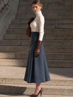 Navy Asymmetric Button-Front Panel Blue A-Line Midi Skirt