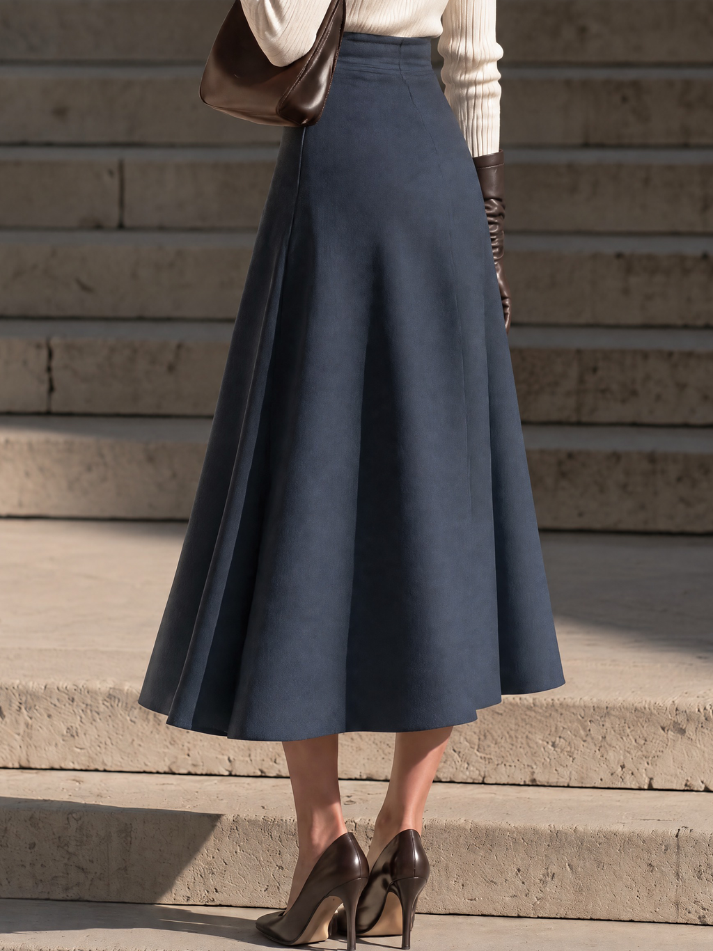 Navy Asymmetric Button-Front Panel Blue A-Line Midi Skirt