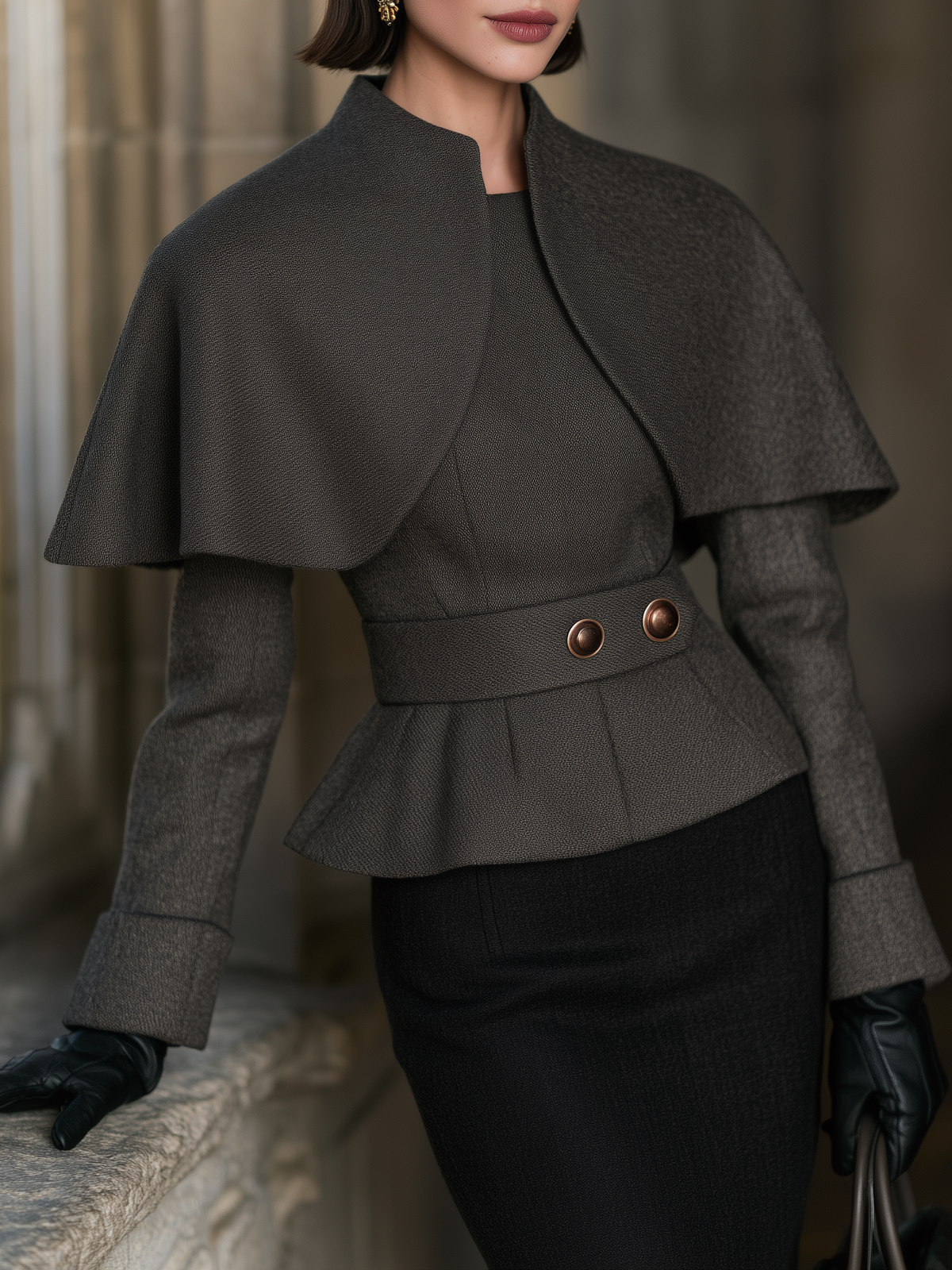 Women's Dark Brown Cape-Overlay Peplum Top with Stand Collar and Belted Waist