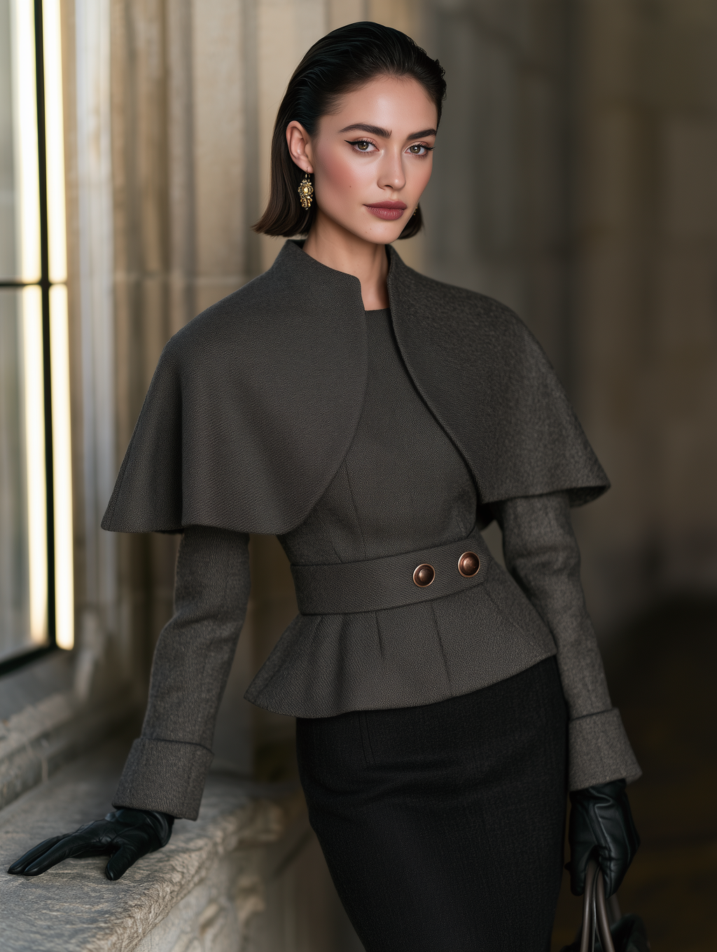 Women's Dark Brown Cape-Overlay Peplum Top with Stand Collar and Belted Waist