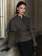 Women's Dark Brown Cape-Overlay Peplum Top with Stand Collar and Belted Waist